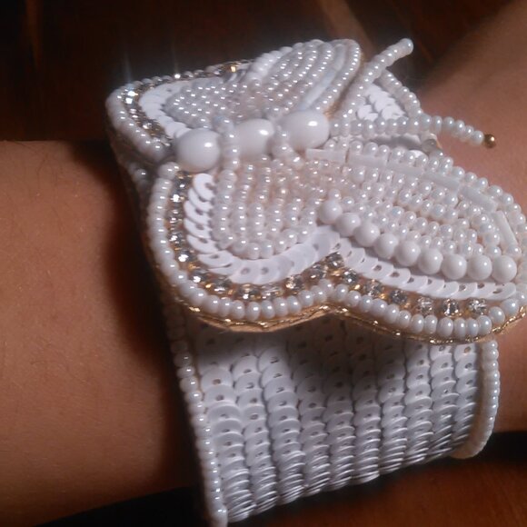 Handcrafted White Seed Bead And White Crystal Butterfly Cuff Bracelet - Picture 4 of 12